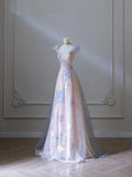 Pink Floral A-Line Strap Tulle Long Evening Dress HZ1024