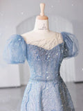 Blue Gradient A-line Short Sleeve Heart Shaped Neck Tulle Evening Dresses HZ1024