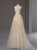 Champagne Sheath Strapless A-Line Tulle Long Evening Gowns HZ1024