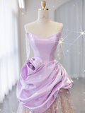 Purple Satin A-Line Heart Neck Strapless Tulle Long Evening Dresses HZ1024