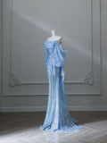 Blue A-line Strapless Beaded Tulle Elegant Long Evening Gowns HZ1024