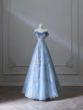 Blue A-Line Strapless Heart Neck Tulle Long Evening Dresses HZ1024