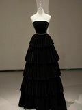 Vintage Black A-Line Velvet Strapless Elegant Tiered Long Evening Dresses HZ1024