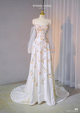 White Strapless Long Sleeve Satin Printed Long Evening Gowns HZ1024