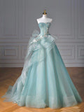 Green A-line Heart Neck Strapless Tulle Long Evening Gowns HZ1024