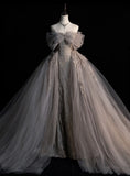 Gray A-Line Trailing Strapless Heart Neck Thin Floor Length Evening Gowns HZ1024