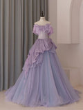 Beautiful Purple A-Line Strapless Tulle Long Evening Dresses HZ1024