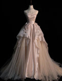 Pink Satin A-Line Strapless Tulle Long Evening Dresses HZ1024