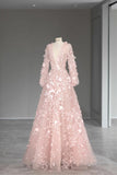 Pink A-Line V-Neck Long Sleeve Tulle Long Evening Dresses HZ1024