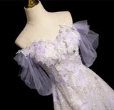 Purple Sequins Off the Shoulder Flower Prom Dress HZ1024