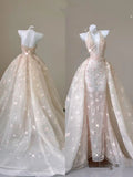 Light Pink Neckline V Neck 3D Printed Tulle Long Evening Dresses HZ1024