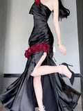 Sexy Black Satin One Shoulder 3D Flower Split Long Prom Dresses HZ1024