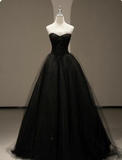 Black A-Line Heart Neck Strapless Lace Long Prom Dresses HZ1024