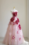 Pink A-Line Sheath Strapless 3D Flower Tulle Long Prom Dresses HZ1024