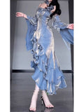 Chic Tailored Spaghetti Straps Blue 3D Flower Long Gowns HZ1024