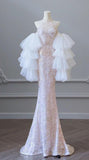 Pink Mermaid Neckline Strapless Sparkling Long Prom Dresses HZ1024