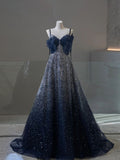 Navy A-Line Spaghetti Strap Heart Neck Sequined Tulle Long Prom Dresses HZ1024