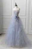 Light Blue A-Line Sheath Strapless Tulle Long Prom Dresses HZ1024
