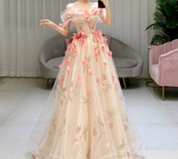 Champagne A-Line Strapless 3D Floral Tulle Long Prom Dresses HZ1024