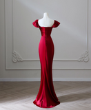 Red Mermaid Sleeveless Satin High Waisted Split Long Prom Dresses HZ1024