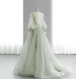 Green A-Line High Neck Long Sleeve Backless Tulle Long Prom Dresses HZ1024