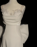 White A-Line Pearl Spaghetti Strap Satin Simple Long Prom Dresses HZ1024