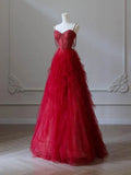 Burgundy A-Line Heart Neck Strapless Tulle Beaded Long Prom Dresses HZ1024