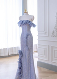 Blue Mermaid One Neck Strapless 3D Flower Beaded Tulle Floor Length Evening Dresses HZ1024