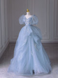 Blue A-Line Short Sleeve Sequined Tulle Long Prom Dresses HZ1024