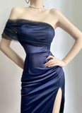 Blue Mermaid Strapless Strapless Tulle Satin High Split Prom Dresses HZ1024