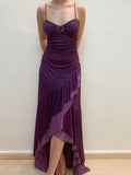 Dark Purple Spaghetti Straps Ruffles Vintage Long Prom Dress HZ1024