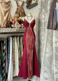 Sexy Red Mermaid V-Neck Spaghetti Strap Lace Split Long Prom Dresses HZ1024