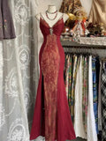 Sexy Red Mermaid V-Neck Spaghetti Strap Lace Split Long Prom Dresses HZ1024