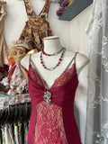 Sexy Red Mermaid V-Neck Spaghetti Strap Lace Split Long Prom Dresses HZ1024