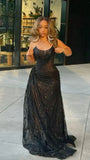Sexy Black Mermaid Strapless Sequined High Split Long Floor Length Prom Dresses HZ1024