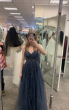 Blue V Neck A-line Applique Spaghetti Strap Long Prom Dresses HZ1024