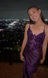 Purple Lace Sexy High Split Spaghetti Strap Satin Long Prom Dresses HZ1024