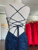 Navy Blue Mermaid Neckline Sequins Sexy Long Prom Dresses Birthday Dresses HZ1024