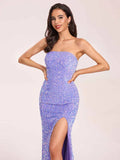 Blue Strapless Sequined High Slit Long Ball Gown HZ1024