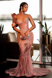 Charming Pink One Shoulder Mermaid Glitter Sequin Long Ball Gown HZ1024