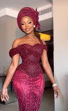 Sexy Red Mermaid One Shoulder Sequined Long Ball Gown HZ1024