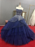 Navy A-Line Tulle Silver Beaded Sequin Strapless Evening Gown HZ1024