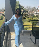 Blue lace long sleeve mermaid long evening gown prom dress HZ1024