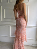 Pink Spaghetti Strap Lace Gorgeous Mermaid Evening Dress HZ1024