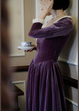 Elegant Purple Velvet A-Line Long Sleeve Maxi Dress HZ1024