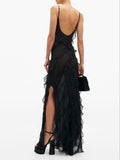Sexy Black V-Neck Spaghetti Strap Open Back Mermaid Long Ball Gown HZ1024