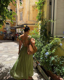 Fresh Green A-Line Short Sleeve Backless Dress HZ1024