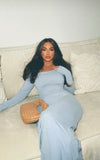 Simple Blue Mermaid Long Sleeve Prom Dress HZ1024