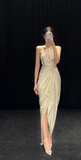 Ivory White Halter Neck Off Shoulder High Low Slit Satin Elegant Formal Prom Dress Evening Gown HZ1024
