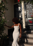 Simple White Mermaid Strap Formal Prom Dress Evening Gown HZ1024